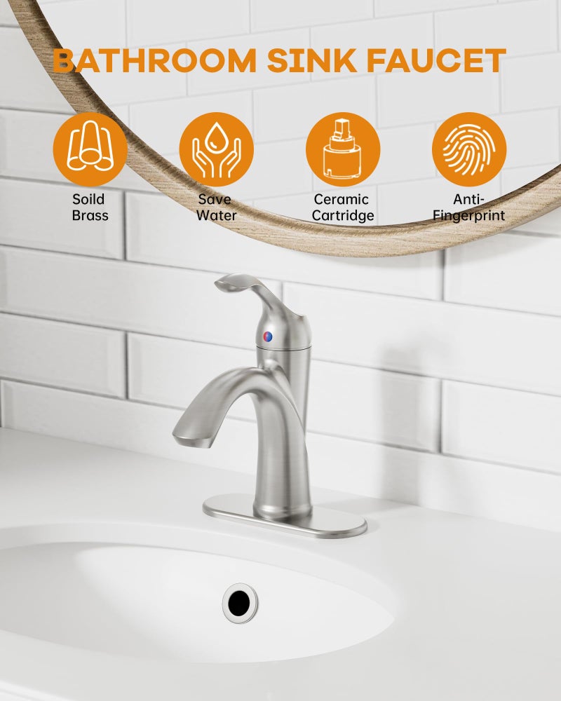 BATHLAVISH Bathroom Sink Faucet Brushed Nickel Single Handle One Hole Vanity Satin Sink with Pop Up Drain Assembly Bath with Overflow Stream Basin Mixer Tap Lavatory Commercial Supply Line - Image 4